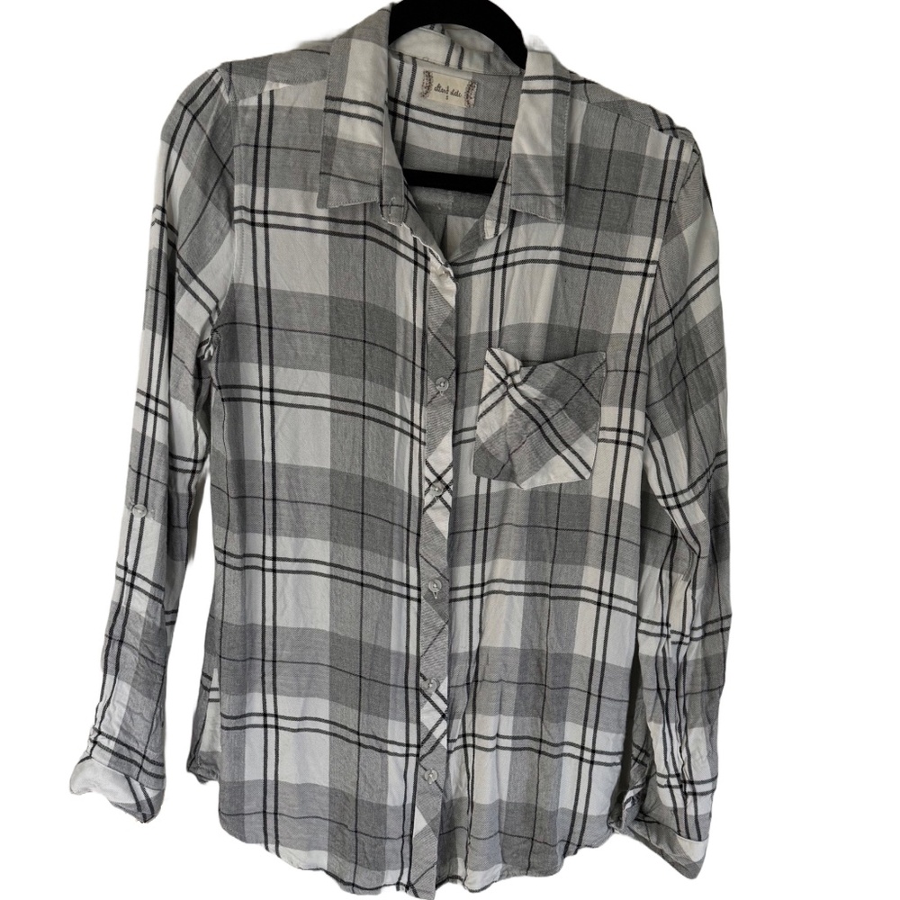 Altar'd State Long-Sleeve Plaid Grey and White Shirt Button-Down with Pocket EUC